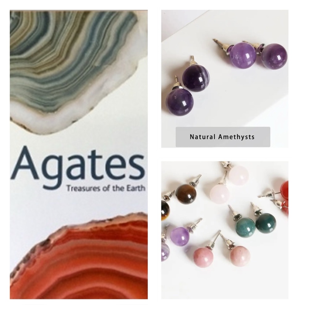 🐘 Natural Amethyst Agate Stainless Steel Stud Earrings